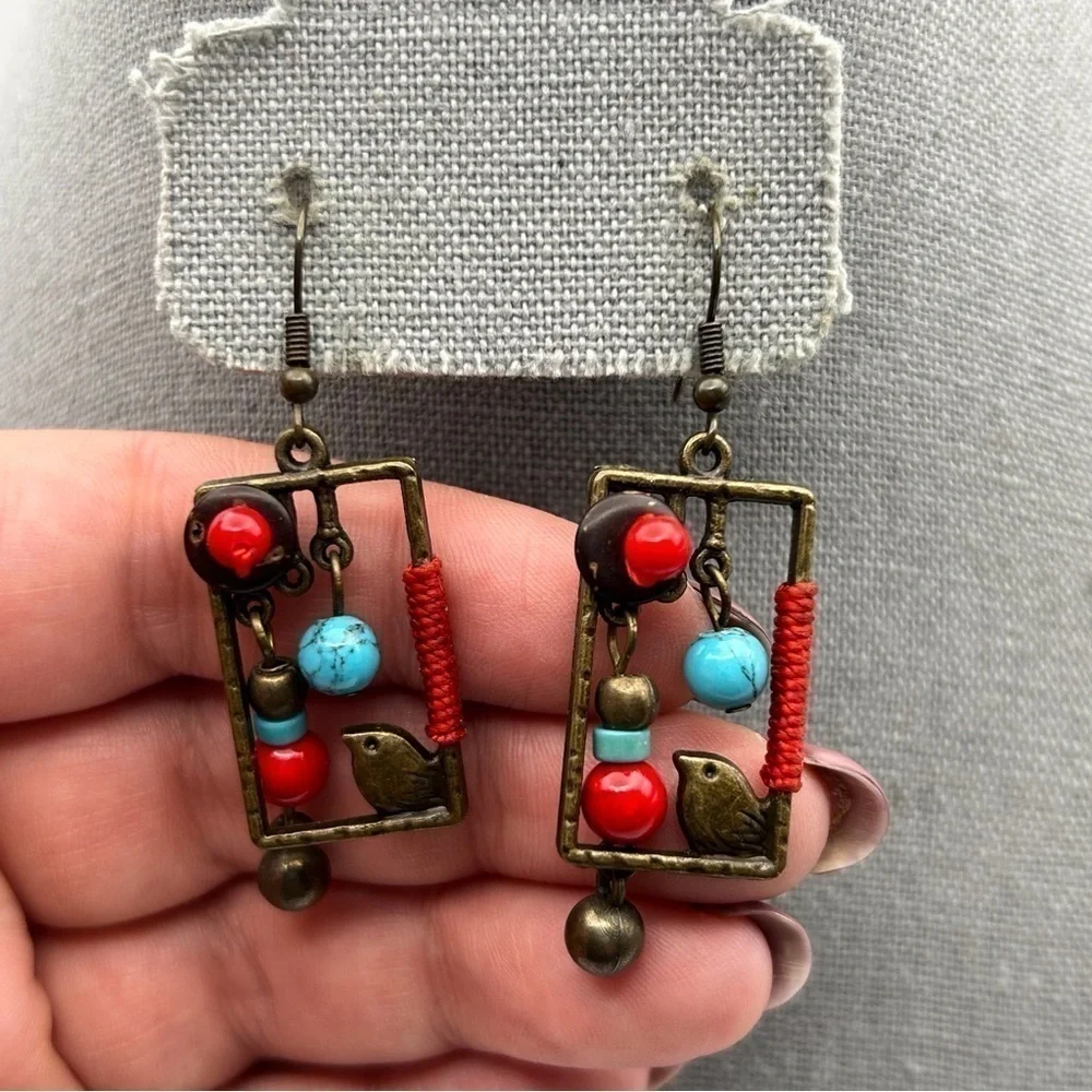 Brown Brass Colored Red & Blue Beaded Abstract Bird Box Drop Dangle Earrings